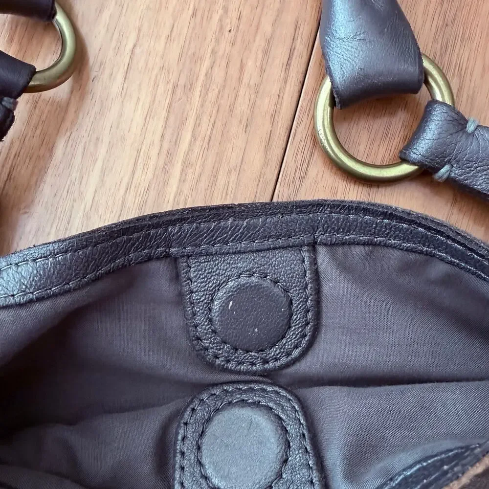 Lucky Brand Leather Suede Patch Silver Pewter Bronze Brown Shoulder Bag Hobo